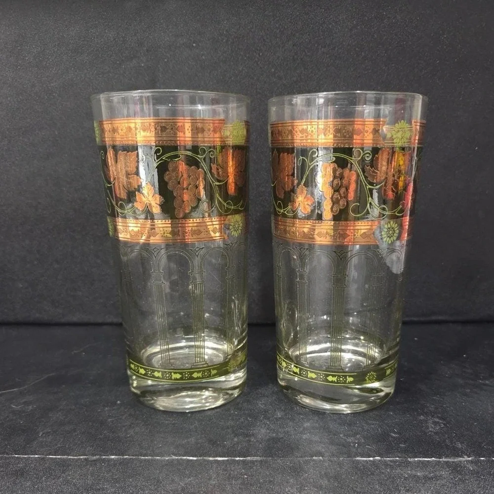 Cera Green & Golden Grapes Highball Glasses, Set of 2, Vintage Tumblers, Barware